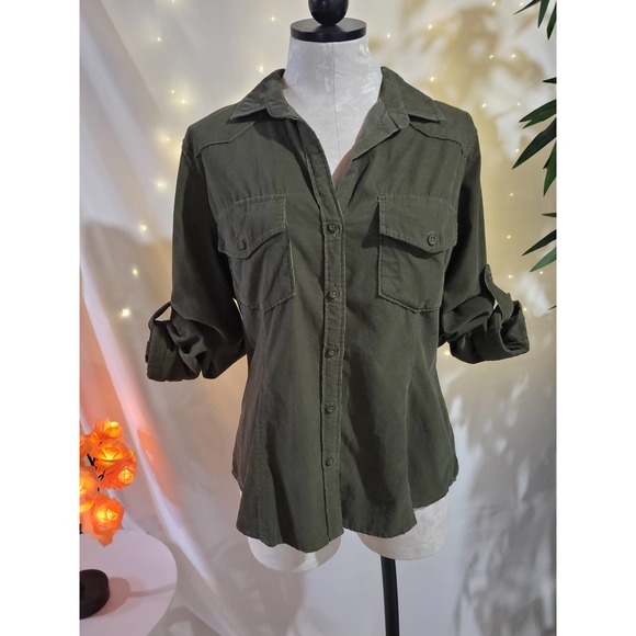Bella Dahl x Anthropologie Corduroy Button-Up Shirt Women’s Medium (Olive Green) - Picture 2 of 10